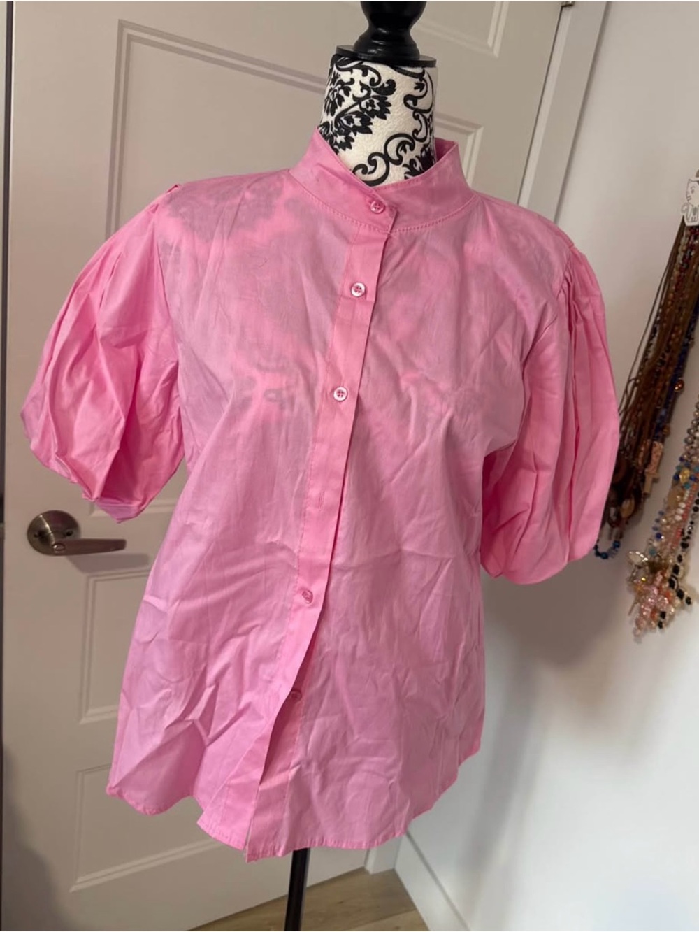 Pink Puff Sleeve Button-Up Blouse